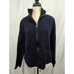 Faconnable Navy Blue Full Zip Cotton Cardigan Sweater Womens XL Mock Neck Logo